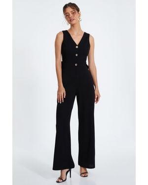 Quiz Button Front Scuba Crepe Jumpsuit With Open Back - Blue