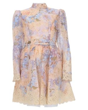 Zimmermann Pastel Floral Mini Dress With Lace Detailing - Pink
