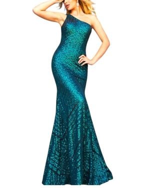 Jovani One Shoulder Beaded Geometric Sequin Prom Dress - Blue