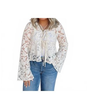 Anniewear Floral Lace Trumpet Sleeve Blouse - Blue
