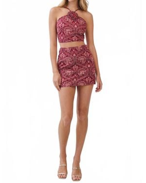 TCEC Paisley Floral Rosette Halter Crop Top - Red