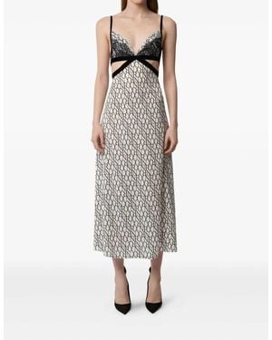 Nina Ricci All-Over Logo Print & Lace Insert Midi Dress With Fine Straps - Gray