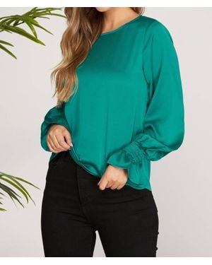 She + Sky Smocked Long Bubble Sleeve Satin Top - Blue