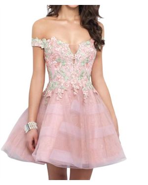 Blush Prom Off Shoulder Floral Applique Homecoming Dress - Pink