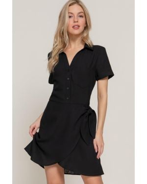 TRUEDAMES Button Down Side Bow Linen Effect Mini Dress - Black