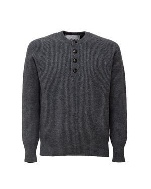 Amaranto Ribbed Knit Overfit Sweater With Four-Button Placket - Gray