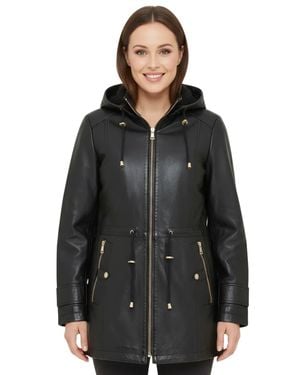 Infinity Leather Leather Parka Removable Borg Hooded Trench Coat - Black