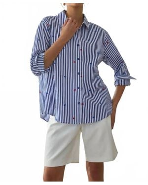 Skies Are Blue Star Embroidered Striped Button-Down Blouse - Blue