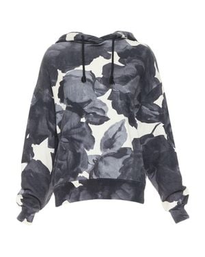 Dries Van Noten Ivory Cotton Abstract Rose Print Drawstring Hoodie S - Blue