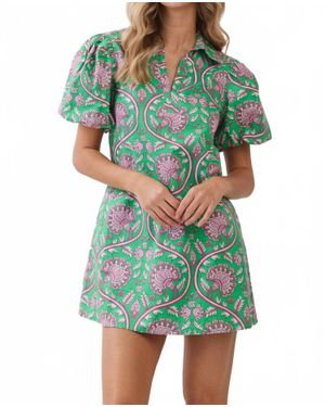 TCEC Paisley Puff Sleeve Mini Dress - Green