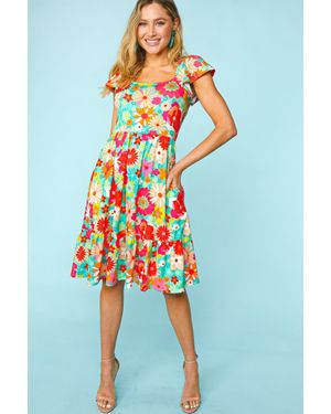 TRUEDAMES Haptics Floral Square Neck Short Sleeve Dress - Blue