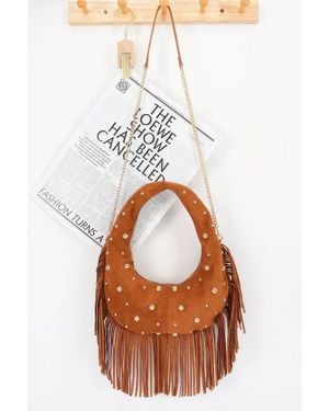 Fashnzfab Faux Suede Metal Studded Fringe Hobo Bag - Brown