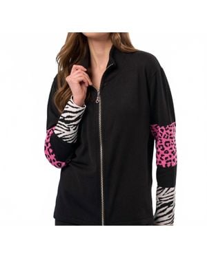 French Kyss Animal Print Sleeve Zip Up Jacket - Black
