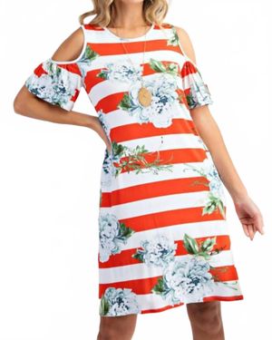 143 Story Bold Stripe Floral Cold Shoulder Dress - Red