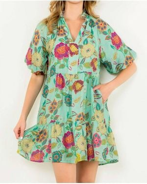 Thml Hibiscus Puff Sleeve Floral Dress - Green