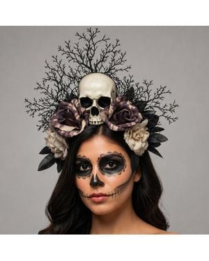 Fashnzfab Dramatic Halloween Gothic Skull Floral Crown Statement Headband - Gray