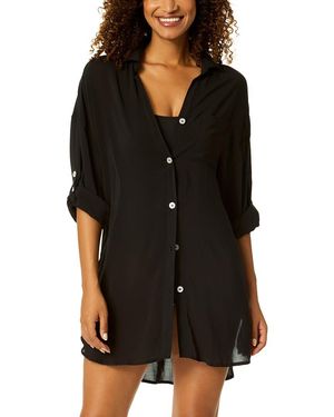 Anne Cole Mid Length Shirttail Button Down Top - Black
