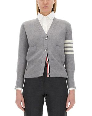 Thom Browne V-Neck Cardigan With Striped Sleeve Detailing - Gray