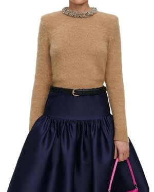 Self-Portrait High-Neck Beaded Trim Knit Sweater - Blue
