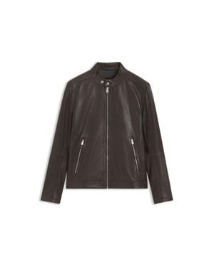 BOSS Grained Leather Jacket With Logo Trim - Brown