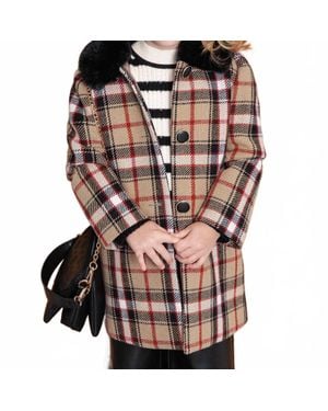 Abel & Lula Faux Fur Collar Plaid Coat - Brown