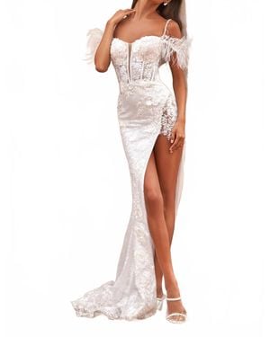 Sherri Hill Cutaway Slit Feather Straps Dress - White