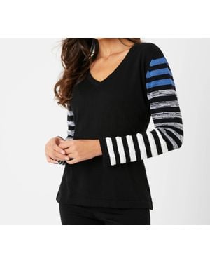 French Kyss Stripe V Neck Top - Black