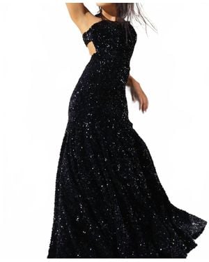 Vienna Prom One Shoulder Sequined Long Prom Dress - Black