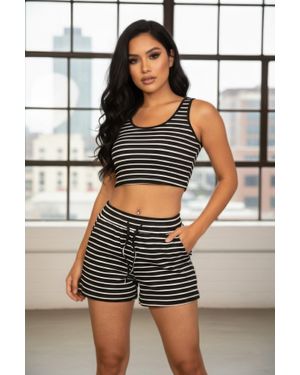 TRUEDAMES Striped Ribbed Cropped Tank & Shorts Lounge Set - Black