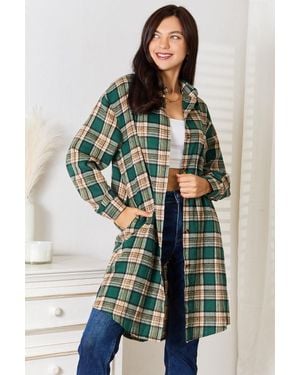 TRUEDAMES Plaid Collared Neck Long Sleeve Shirt - Green