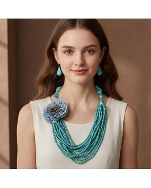 Fashnzfab Floral Accent Multi Beaded Layered Strand Statement Necklace - Blue