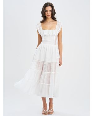 Miss Circle Eden Square Neck Ruffle Trim High Waist Midi Dress - White