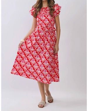 TCEC Floral Ruffle Sleeves Midi Dress - Red