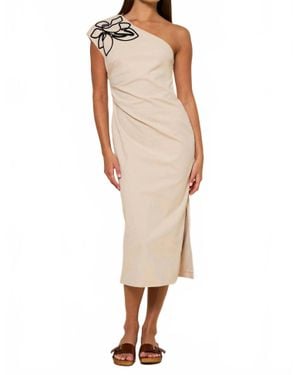 Lalavon Flower Shoulder Midi Dress - White