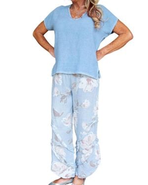 Look Mode Usa Floral Linen Pants With Ruffle Detailed Leg - Blue