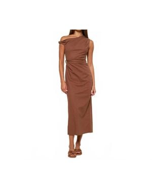 Lalavon Asymmetrical Midi Dress With Golden Charm - Brown