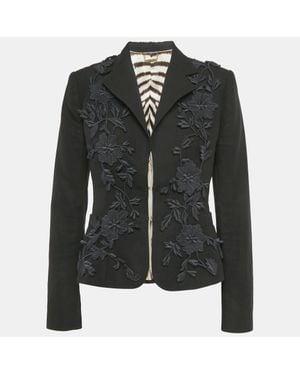Roberto Cavalli Floral Applique Linen Blend Blazer - Black