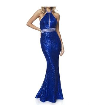 Blush Prom Stretch Sequin Halter Prom Dress - Blue