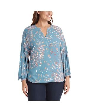 NYDJ Plus Paulina Printed Polyester Peasant Top - Black