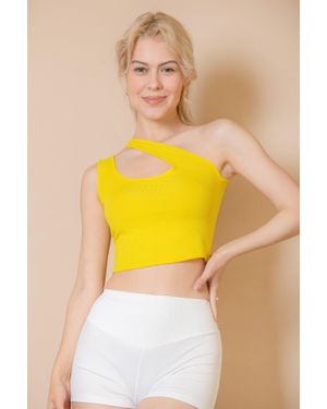 TRUEDAMES Ribbed One Shoulder Cross Strap Crop Top - Yellow