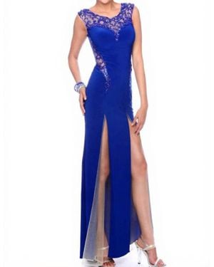 Precious Formals Sheer-Paneled Evening Gown With Walking Slits - Blue