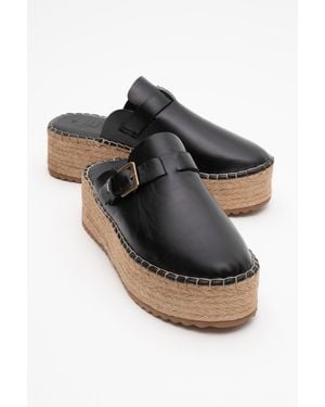 Forever & Always Shoes Novas Leather Platform Espadrille Mule - Black