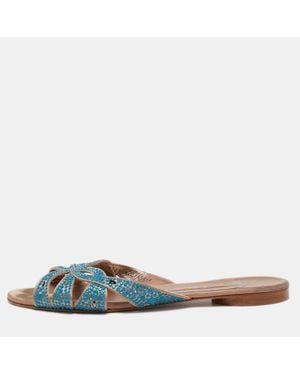 Gina Crystal Embellished Satin Flat Slides - Blue