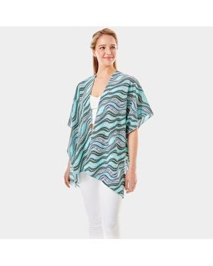 TRUEDAMES Wavy Printed Lurex Cover Up Poncho Kimono Poncho - Blue
