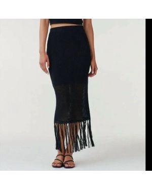 Vetta Getaway Collection Knit Fringe Maxi Skirt - Black