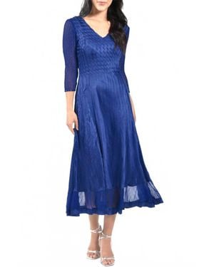 Komarov 3/4 Sleeve Solid Pleat Dress W/ Lace Sleeves - Blue