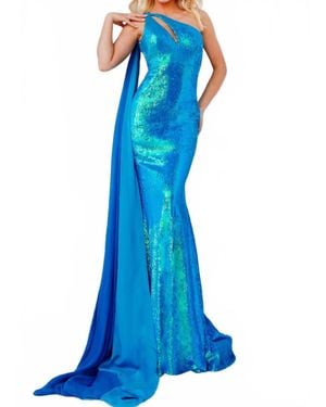 Jovani Sequin One-Shoulder With Cape Gown - Blue