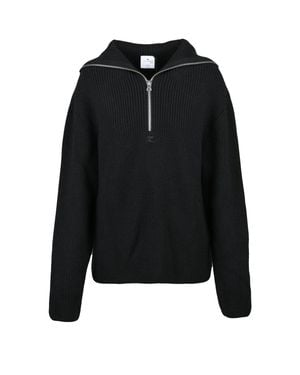 Courreges Merino Wool Sweater With Zip Closure And Attached Hood - Black