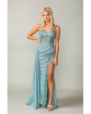 DQ Spaghetti Strap Glitter Gown With Lace-Up Back And Cascading Side Ruffle Prom Dress - Blue
