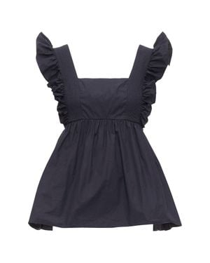 Self-Portrait Self Portrait Cotton Poplin Tie Back Ruffle Top - Blue